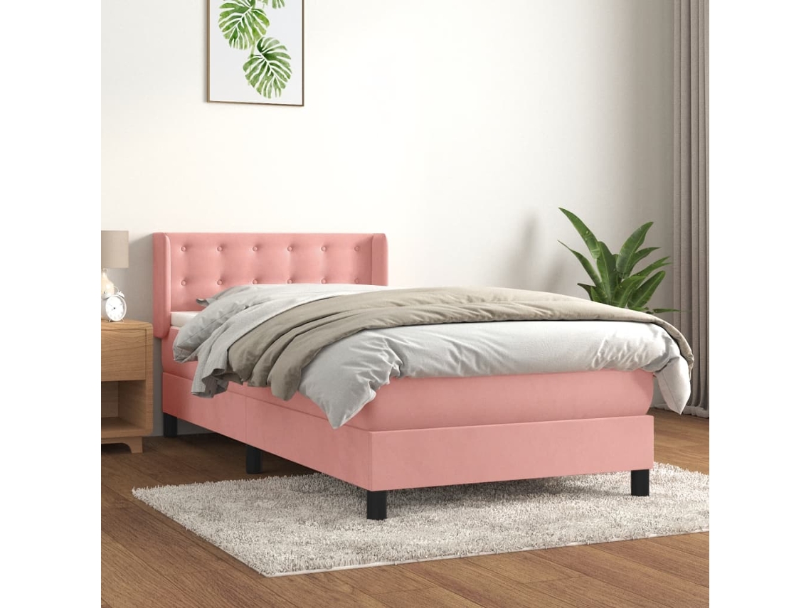 Cama Box Spring Con Colchón Terciopelo Rosa 100x200 Cm