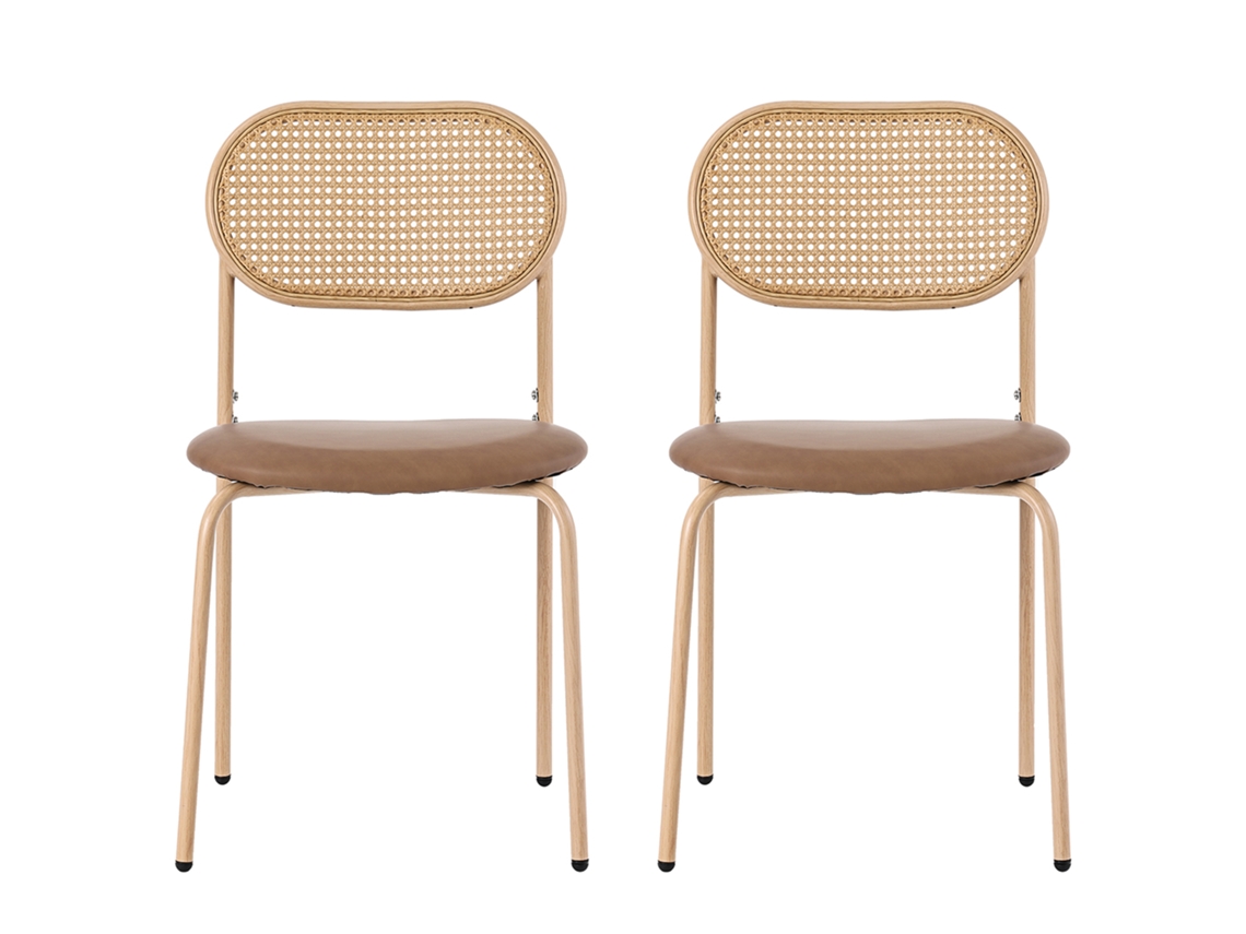 Conjunto de 2 Sillas en Piel Sintética y Ratán con Patas de Metal Marrón Mobrio