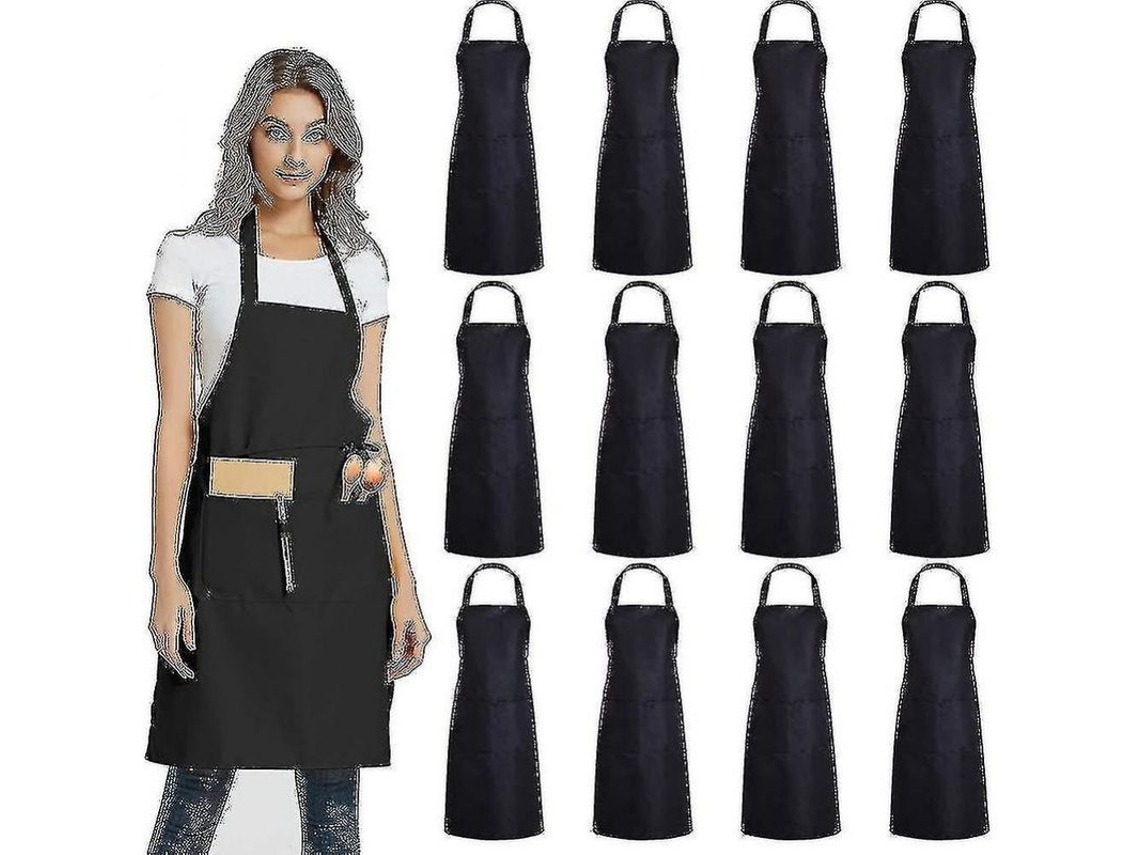 2026da-delantal Plano Con 2 Bolsillos 12 Paquetes Unisex Negro 30x25 Pulgadas Material Duradero Ligero Negro