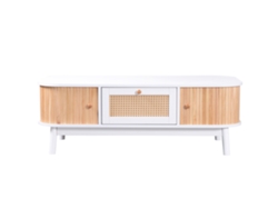 Mesa de Centro para Salón Decorada con Ratán y Madera Maciza Estilo Rústico Blanco Mobrio