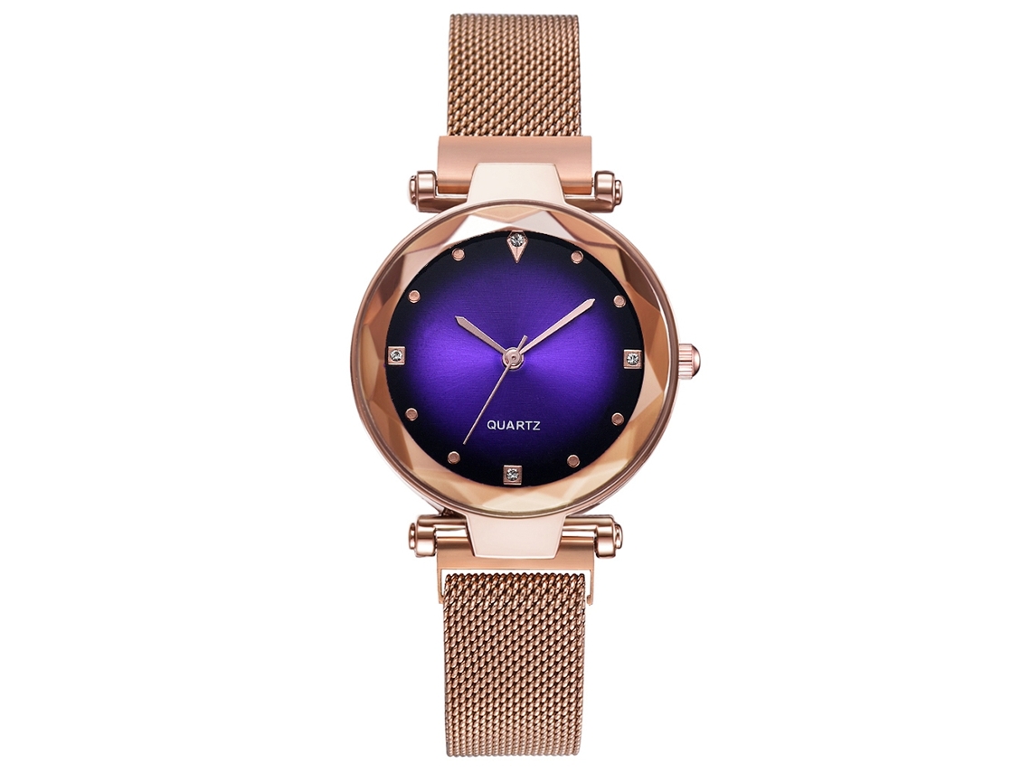 Reloj De Cuarzo Con Brazalete De Malla Con Diamantes De Imitación, Oro Rosa, Moda (morado)
