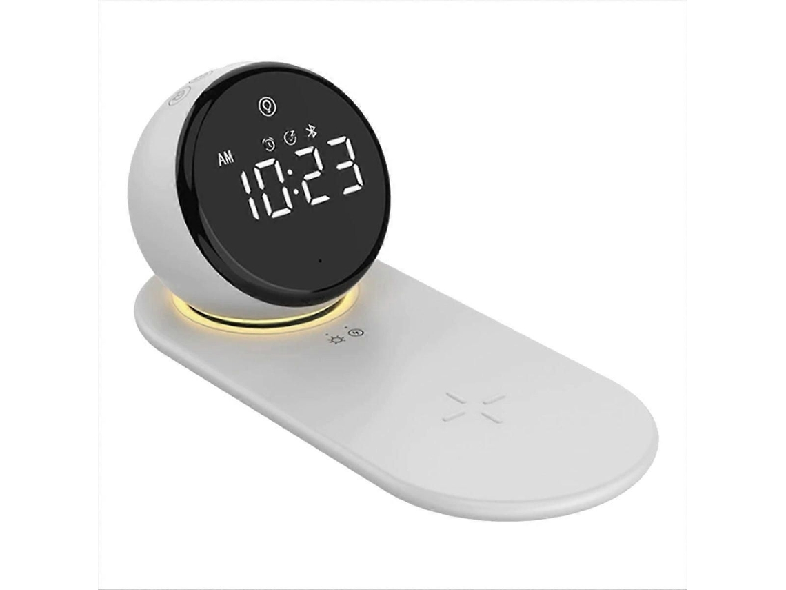 Reloj despertador digital con cargador inalámbrico y luz nocturna.