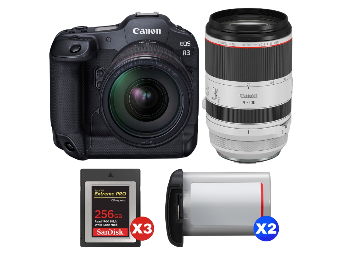 Canon Eos R3 + Rf 24-70mm F/2.8 L Is Usm + Rf 70-200mm F/2.8 L Is Usm + 3 Sandisk 256gb Extreme Pro Cfexpress Type B + 2 Canon L + Ebook Pricedirect