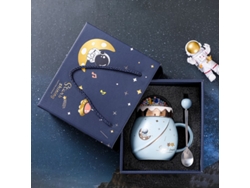Taza De Cerámica (azul Claro) Con Tapa Y Cuchara, Serie Astronauta, Regalo Creativo Para Empresas