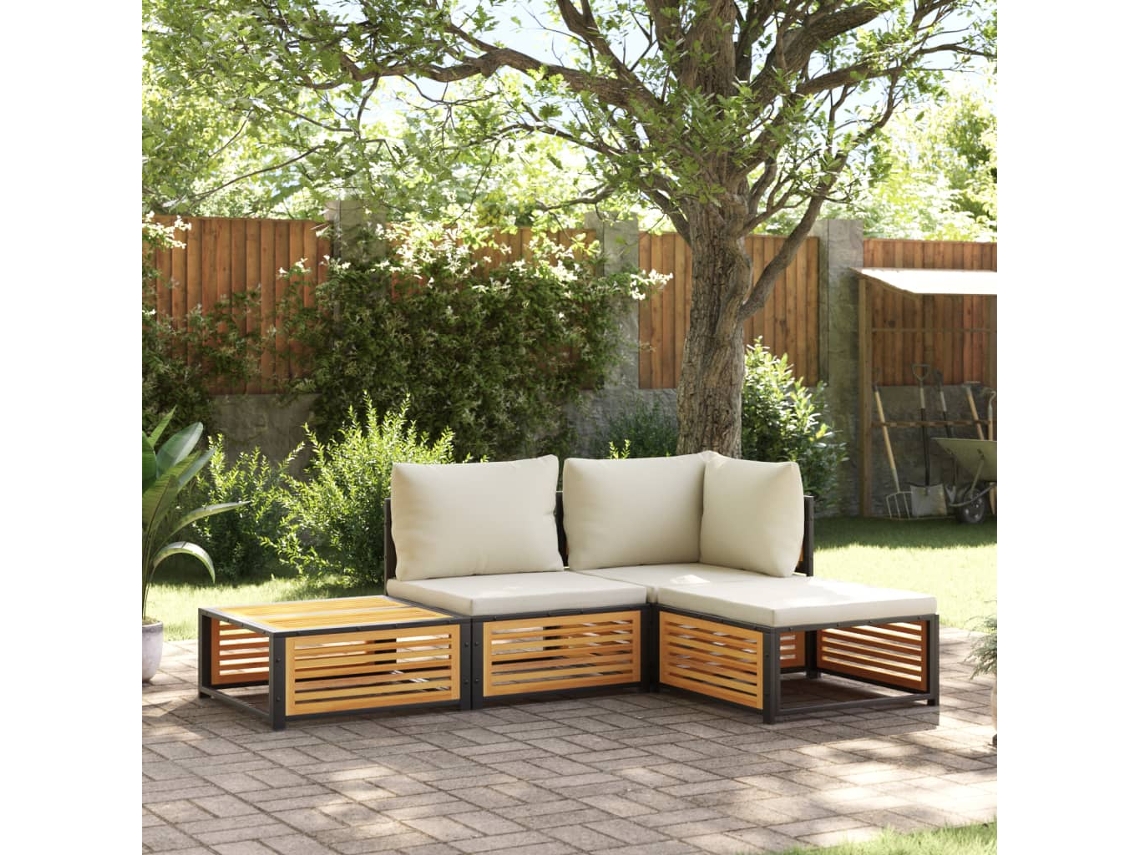 Conjunto de sofá de jardín de 4 piezas con cojines de madera maciza de acacia, Dkd Home Decor
