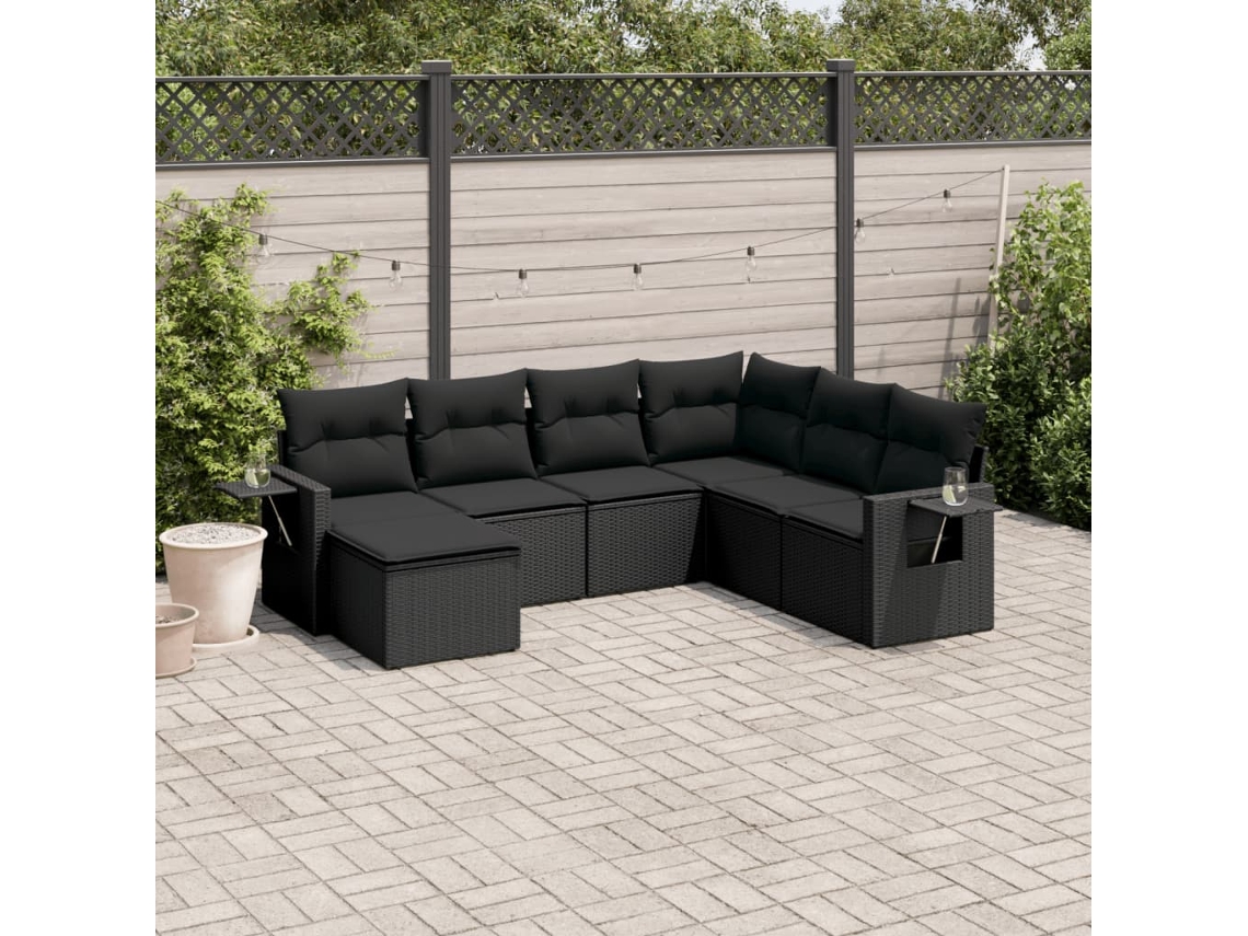 Conjunto de sofá de jardín de 7 piezas con cojines, ratán negro, Dkd Home Decor