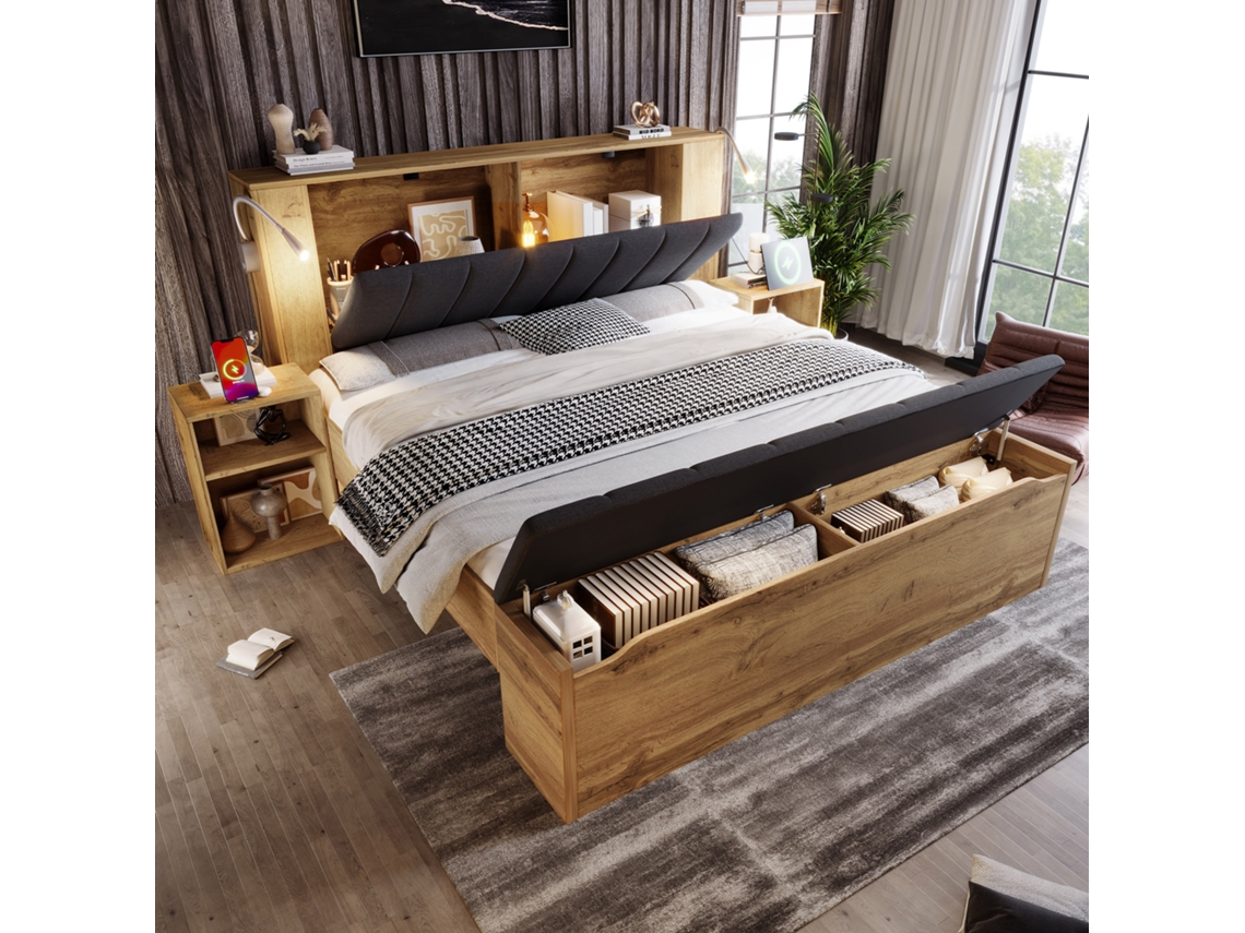 Cama Doble 160x200 Cm Madera Roble, Cabecero Plegable Lino, 2 Mesitas, Banco Almacenamiento, Led Usb, Sin Colchón.
