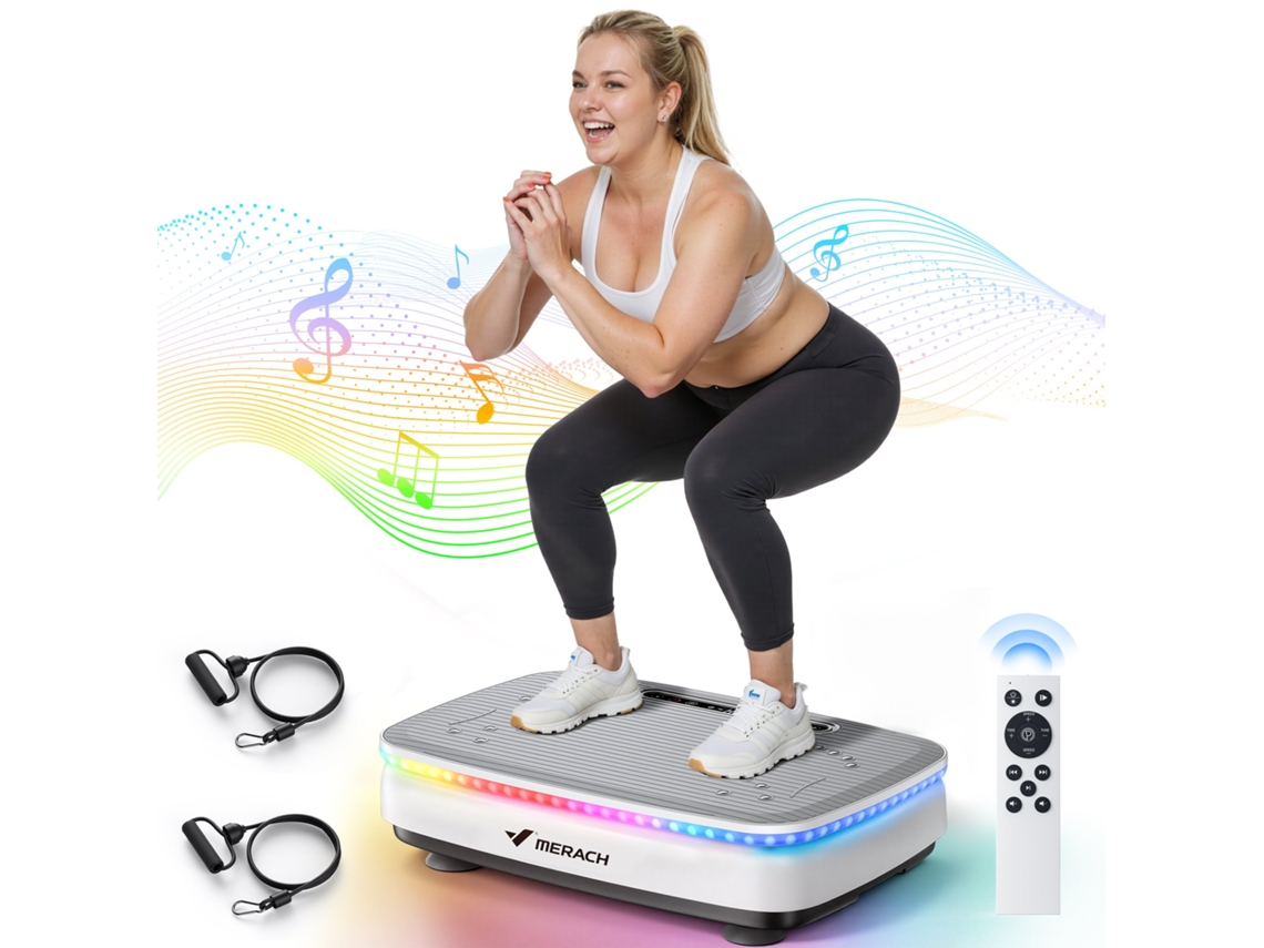 Plataforma vibratoria MERACH, 99 niveles, Bluetooth, luces LED y pantalla, altavoz integrado, control remoto, modo dual, máx. 150 kg, color blanco