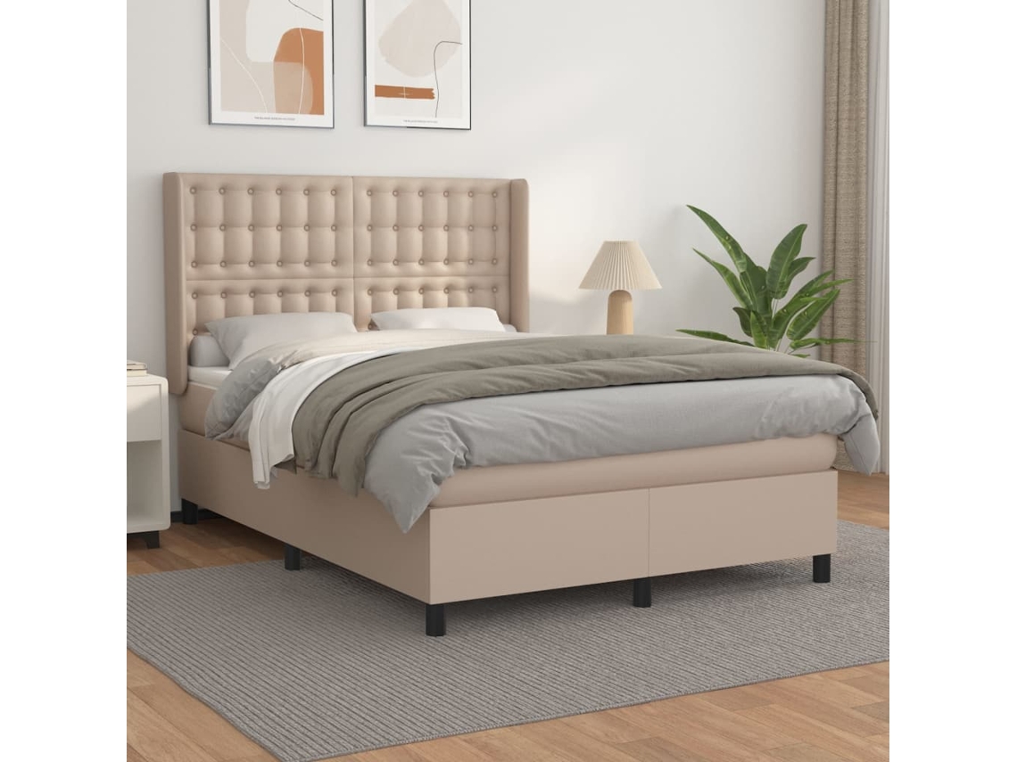 Cama Box Spring Con Colchón Cuero Sintético Capuchino 140x200cm