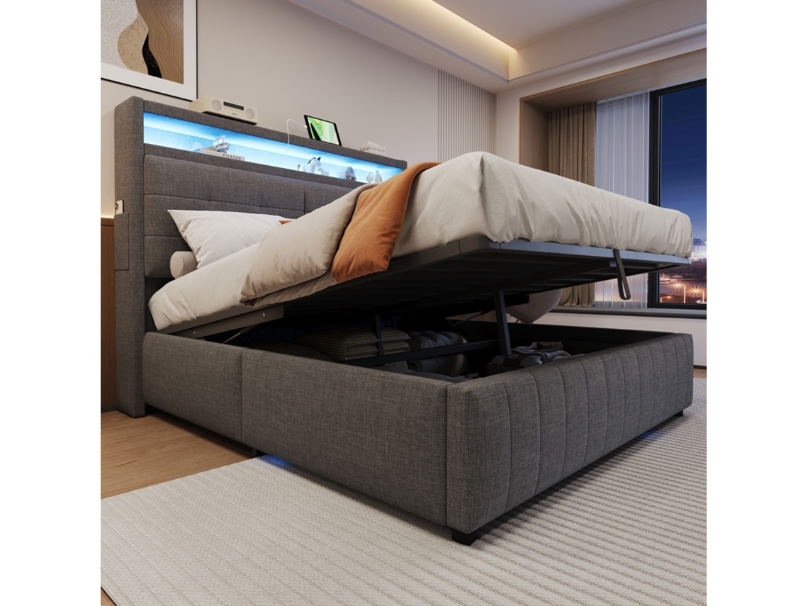 Cama 160x200 Cm Con Almacenamiento, Led, Usb, Cabecero Con Espacio, Hidráulica, Somier De Láminas, Lino Gris.