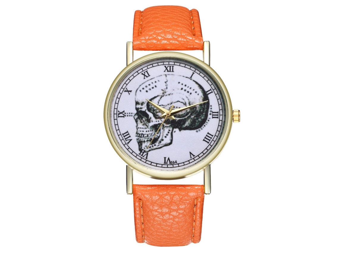 Reloj De Cuarzo Unisex Con Correa De Cuero Pu Skull Patrón Números Romanos Naranja