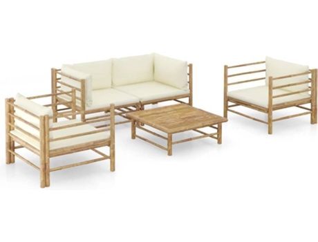 Conjunto 5 de muebles de jardín VIDAXL bambú y cojines blanco crema