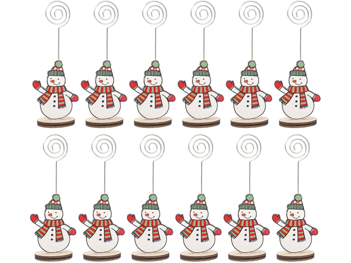 Juego 12 Tarjeteros Madera Metal Diseño Muñeco Nieve Decoración Navideña Oficina Hogar Portafotos Notas
