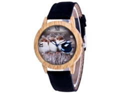Reloj De Cuarzo Con Correa De Tela Vaquera Y Caja Con Estampado De Pájaros Con Textura De Madera.