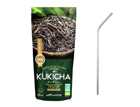 Ramitas de té verde orgánico japonés Kukicha 80 g + 4 pajitas de acero inoxidable