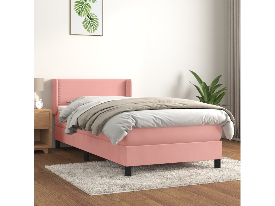 Cama Box Spring Con Colchón Terciopelo Rosa 100x200 Cm