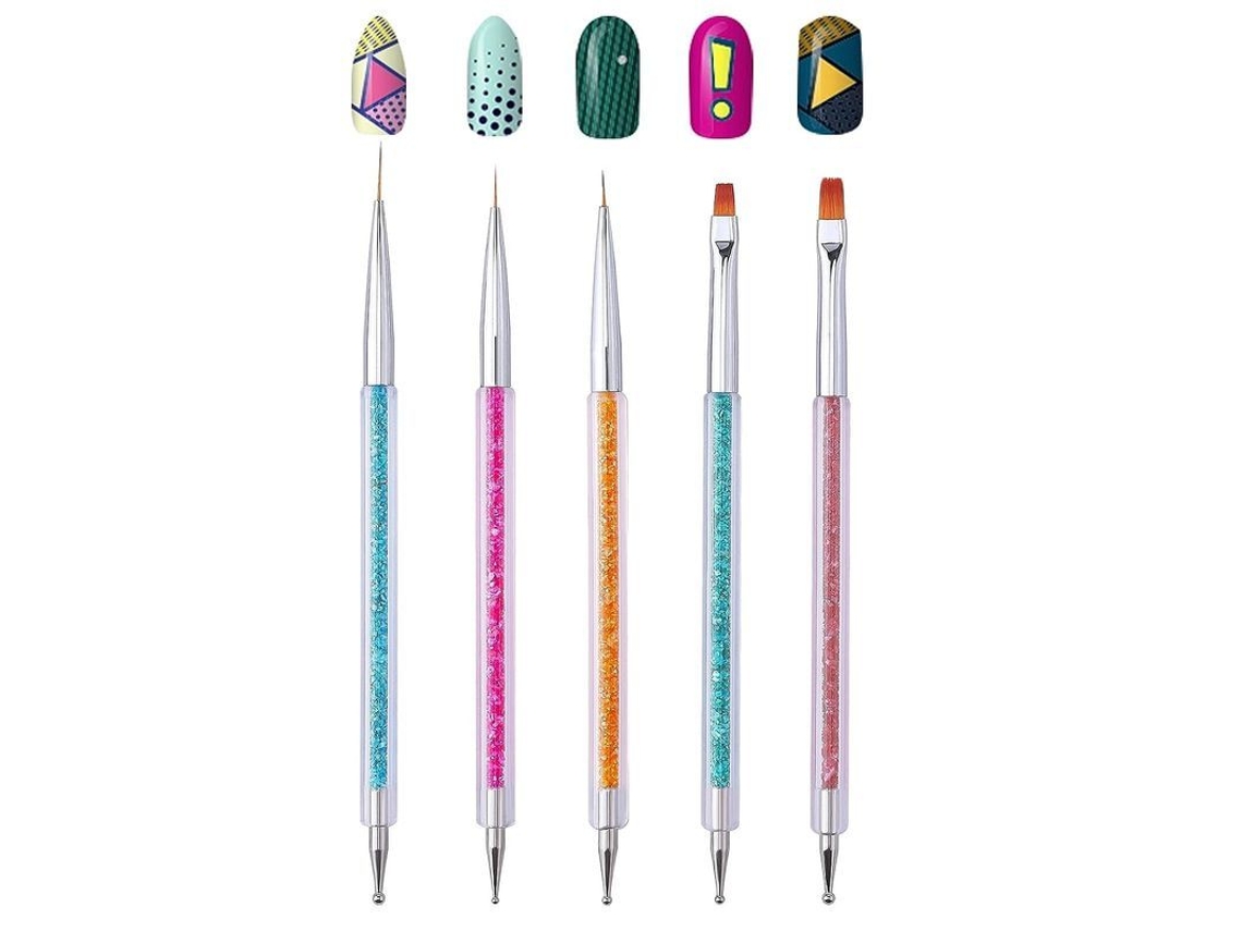 Pinceles Para Decoración De Uñas: Set Con 5 Pinceles De Doble Punta Y Mangos Con Purpurina Para Principiantes Y Profesionales.