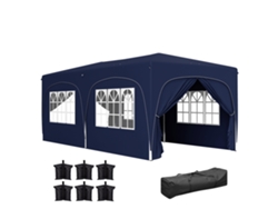 Cenador plegable de 3x6 m con paneles laterales, protección UPF50, altura ajustable, bolsa azul oscuro.