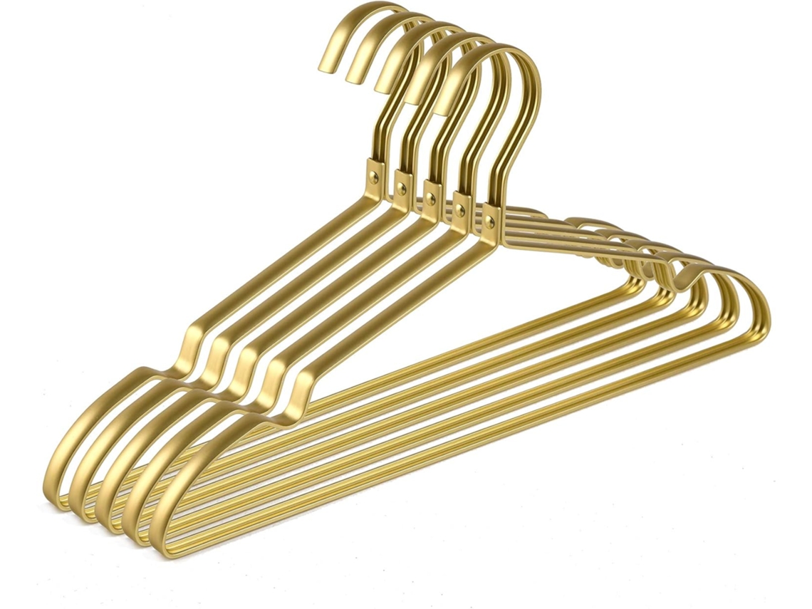 Perchas metálicas de diseño delgado, muescas bilaterales duraderas para asas finas, acabado dorado, ahorradoras de espacio, paquete de 20, almacenamiento