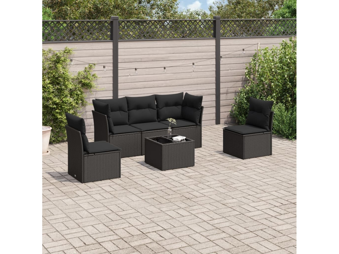 Conjunto de sofá de jardín de 6 piezas con cojines, mimbre sintético negro, DKD Home Decor