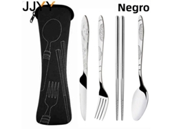 Juego de cubiertos portátiles de acero inoxidable con diseño en relieve y bolsa de viaje. MDUG (negro, 4 piezas)