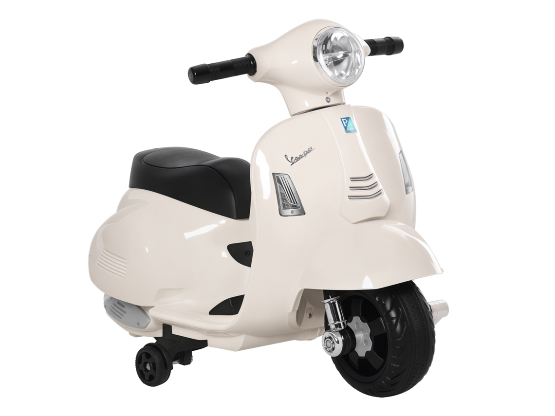 Motocicleta Eléctrica Infantil, Tipo Vespa, 4 Ruedas, Faro, Claxon, Blanca, 66,5x38x52