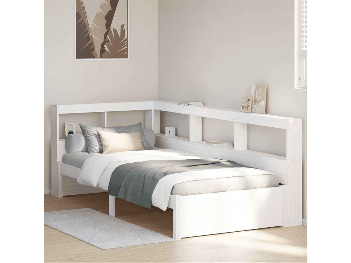 Cama Individual | Cama Con Estantería Sin Colchón Madera Maciza Blanco 90x200 Cm