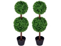 Juego de 2 árboles de boj artificiales con doble base, tronco y maceta incluidos, 90 cm de altura, color verde. VISTA