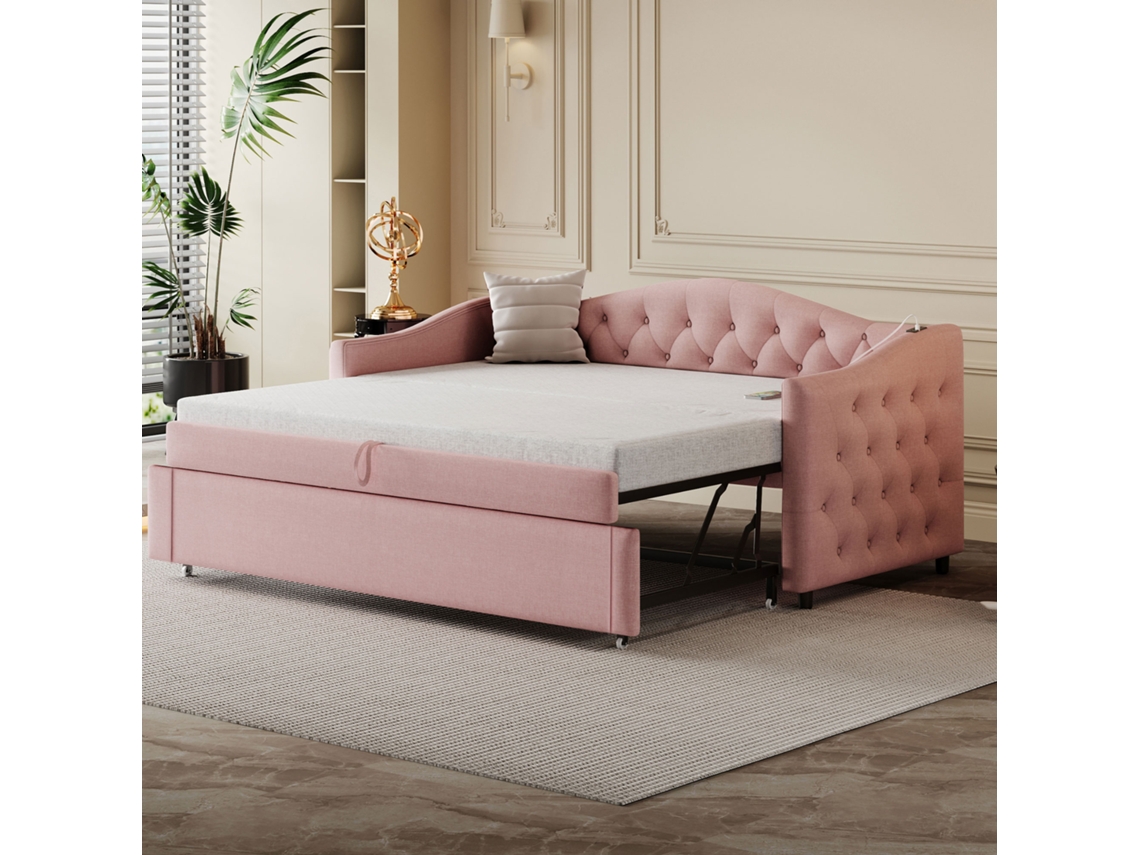 Sofá Cama Rosa De 90x200 Cm, Base De Láminas, Puerto Usb, Botones, Multifuncional.