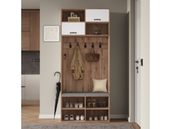 Mueble de Entrada con Asiento, 5 Ganchos, 2 Puertas y 6 Compartimentos Natural+Blanco 80x185x35 cm MOBRIO