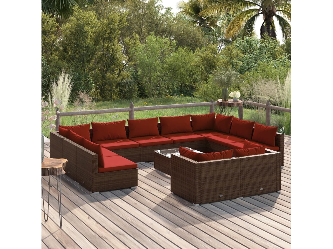 12 Piezas Conjunto Lounge De Jardim C/ Almofadões Vime Pe Castanho Dkd Decoración Del Hogar