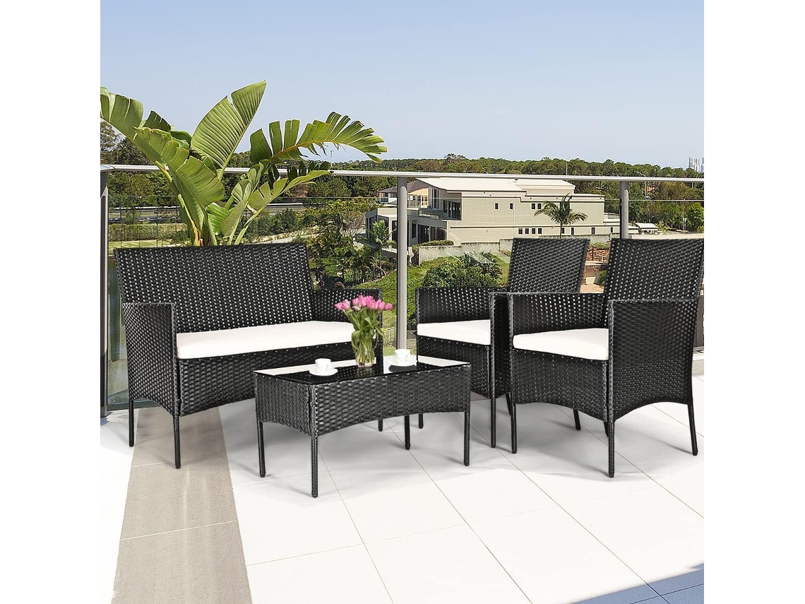 Conjunto de Relax de Jardín con cojines RACINGREAT Negro - Adecuado para resorts (1 Sofá de Dos Plazas + 2 Sofás Individuales + 1 Mesa de Centro)