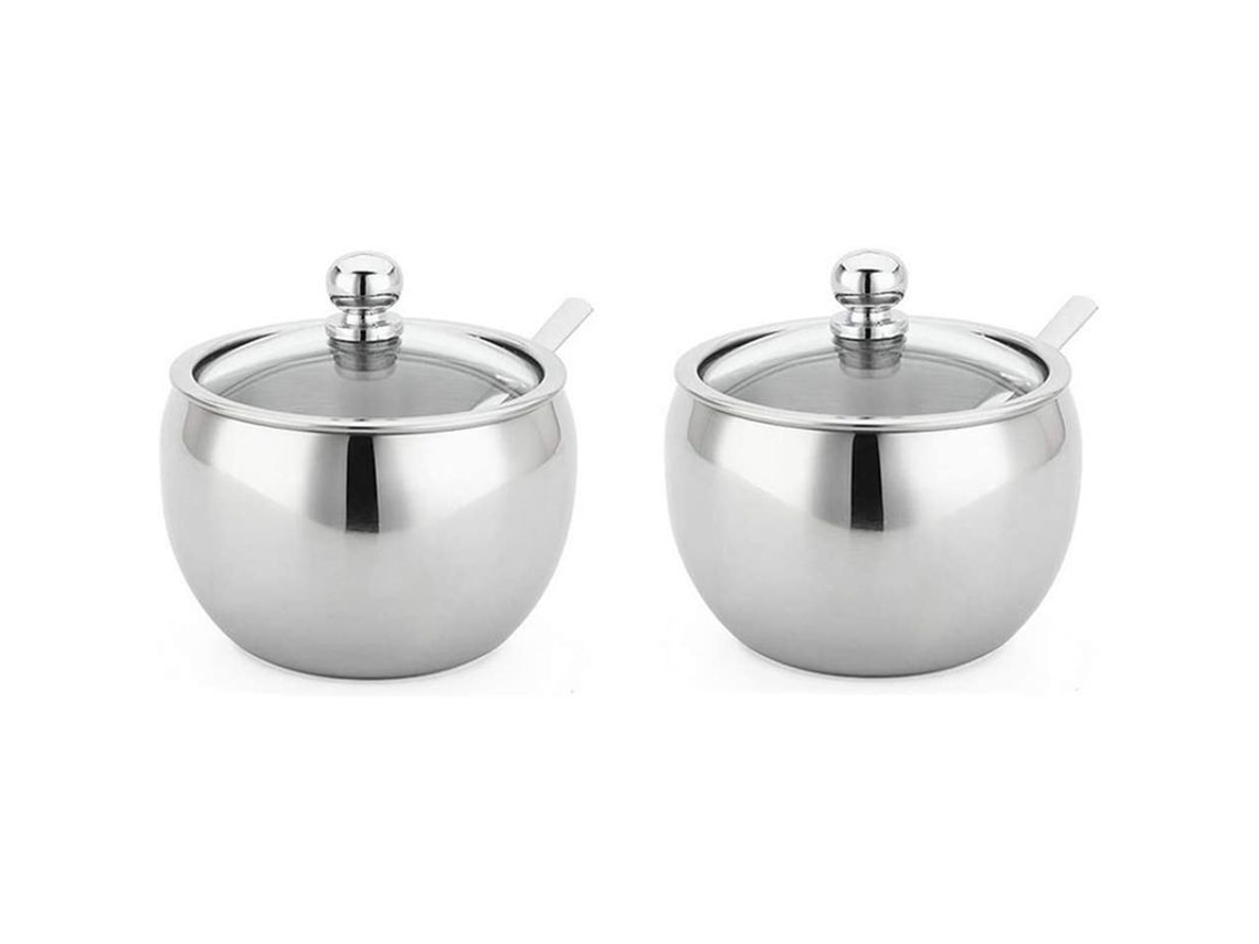 Juego De 2 Azucareros De Acero Inoxidable De 295 Ml Con Cuchara Y Tapa Transparente Para El Hogar Y La Cocina.