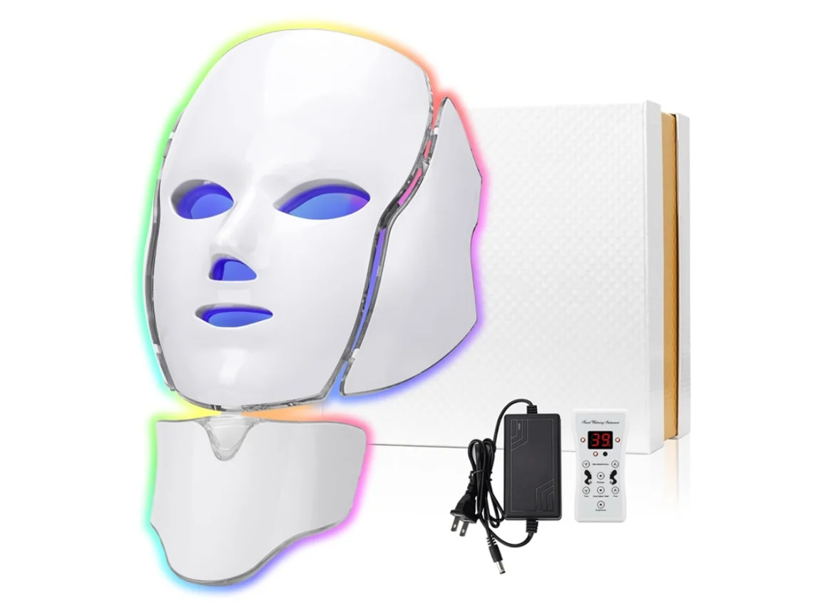 Máscara de terapia de luz azul y roja para rostro máscara facial con luz LED de 7 colores máscara para el cuidado de la piel para rostro y cuello en casa - BLANCA IKIKSO