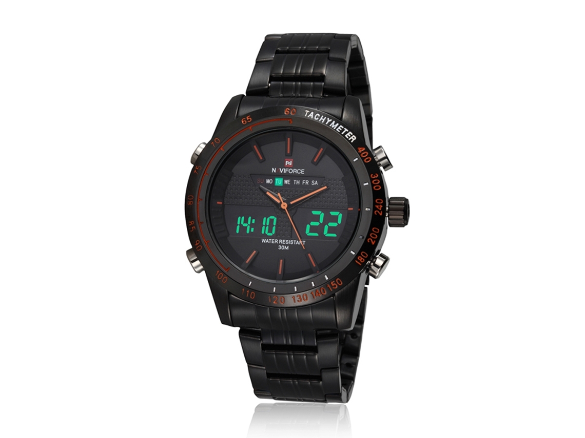 Reloj Hombre Deportivo Naviforce Acero Resistente Al Agua Cuarzo Negro Naranja
