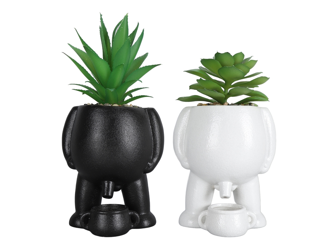 2 macetas con suculentas artificiales de cerámica, divertidas y decorativas, con pequeñas regaderas para dormitorio y oficina.
