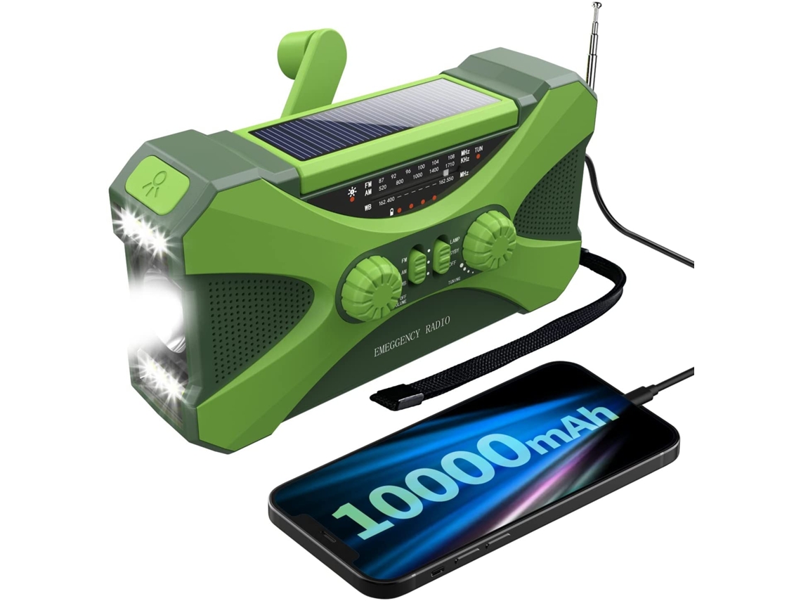 Radio de emergencia portátil AM/FM/NOAA con linterna LED, cargador de celular, energía solar, manivela y batería de 10000 mAh. Viewleaf