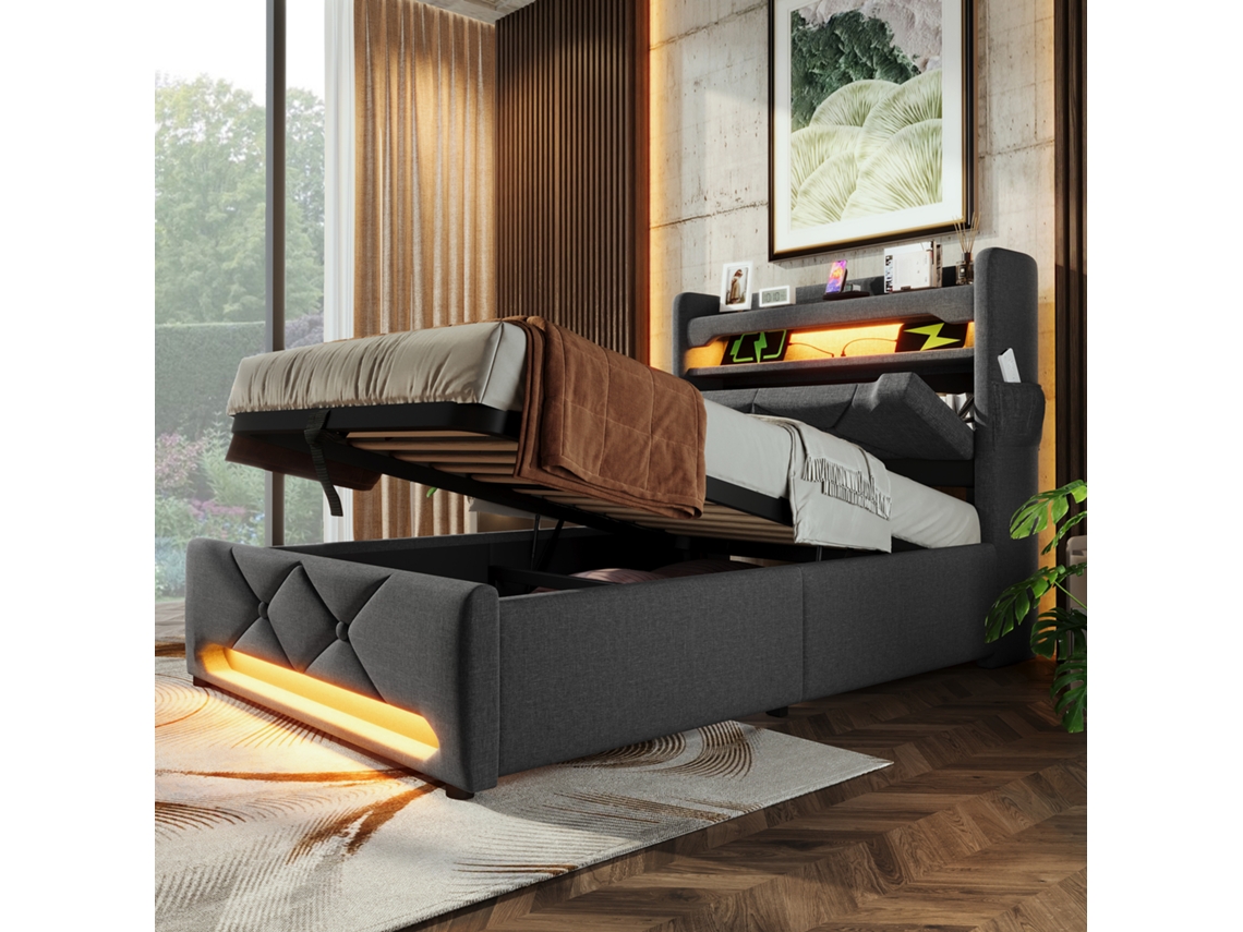Cama Individual Gris De 90x200 Cm, Led De 360°, Usb-c, Hidráulica