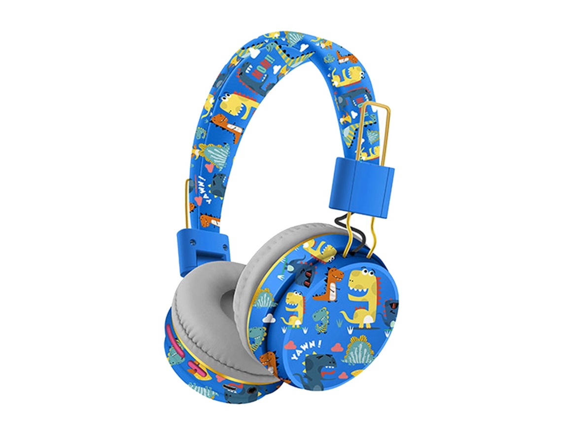 Auriculares inalámbricos Bluetooth (azules) con micrófono, diseño de dinosaurio, sonido estéreo.
