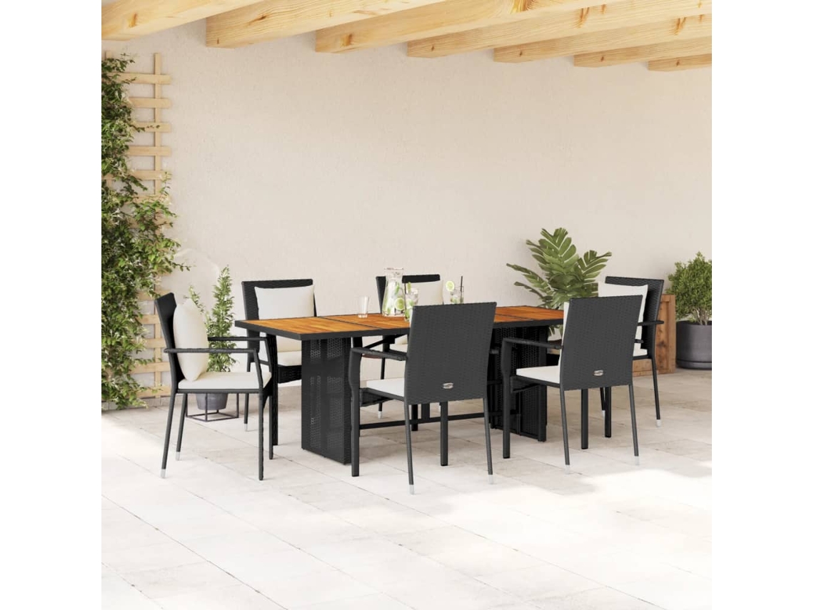 Juego de comedor de jardín de 7 piezas con cojines, mimbre sintético negro, DKD Home Decor