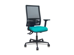 Silla de oficina Bormate con mecanismo asíncrono, tapizada en tela turquesa y malla negra.