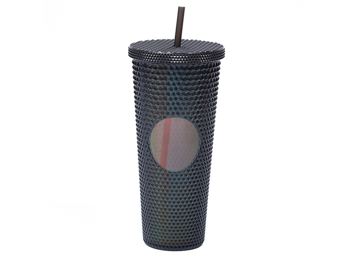 Vaso de plástico de 710 ml con tapa y pajita, vaso transparente láser reutilizable para café y batidos JEIIBRZUI