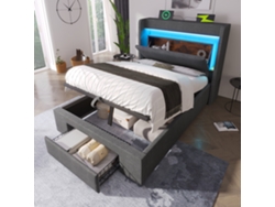 Cama Con Almacenamiento De Lino Gris De 90x200 Cm, Led, Usb C, Elevador Hidráulico