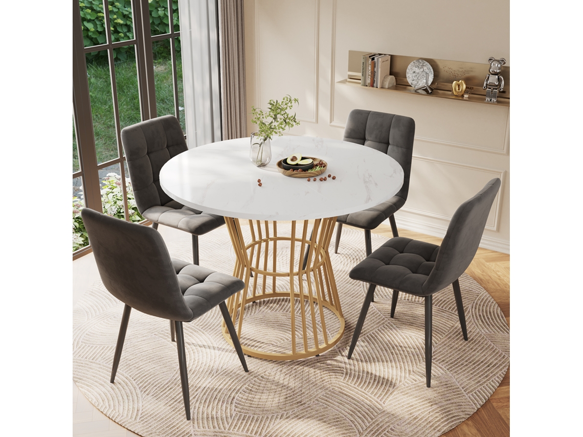 Mesa redonda de 100 cm con 4 sillas, terciopelo gris oscuro con acabado dorado.