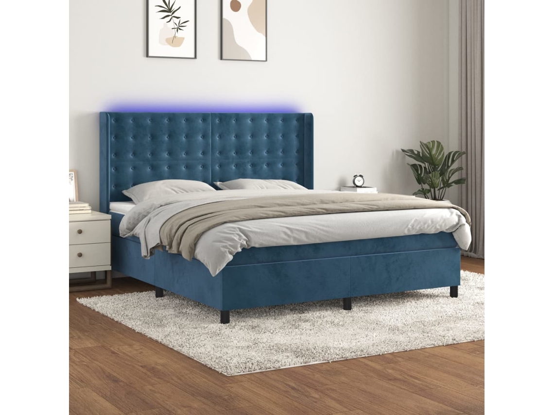 Cama Box Spring Colchón Y Led Terciopelo Azul Oscuro 160x200 Cm