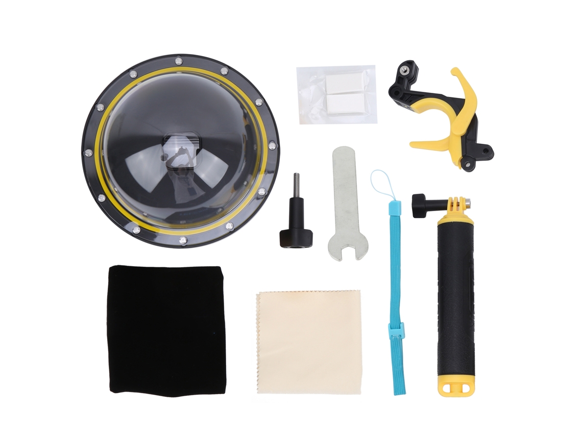 Estuche impermeable para cámara de acción con tapa de lente impermeable para superficies acuáticas.
