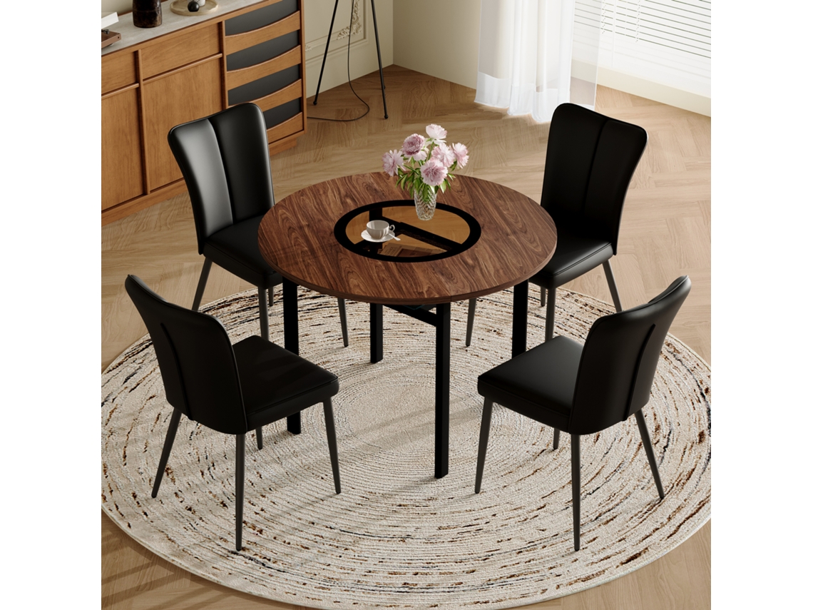Mesa De Comedor Redonda Minimalista De 100 Cm Con 4 Sillas En Pu Negro, Ideal Para Cocina Y Comedor