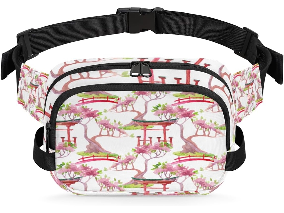 Riñonera para mujer con estampado floral de inspiración japonesa, 22,8 x 6,3 x 15,5 cm, estampado floral, impermeable.