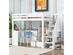 Cama Alta 90x200, Sem Colchão, Grade De Proteção, Escrivaninha, Gavetas, Armário, Escada Retrátil, Prateleiras, En747, Branca