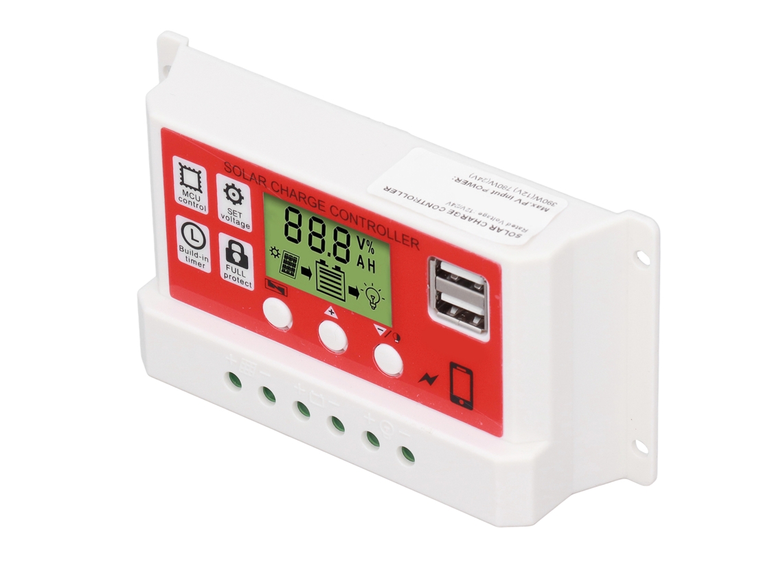 Controlador de carga solar PWM para baterías de litio, regulador fotovoltaico de 12 V/24 V 30 A con pantalla LCD.